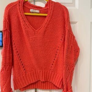 Pilcro by Anthropologie Coral V-Neck Openwork Knit Sweater